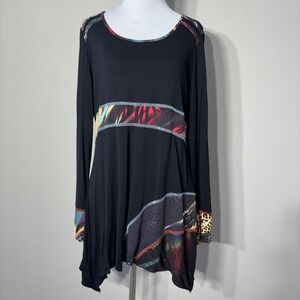 Frank Lyman Tunic Top Women 14 Black Patchwork Sharkbite Long Sleeve Lightweight